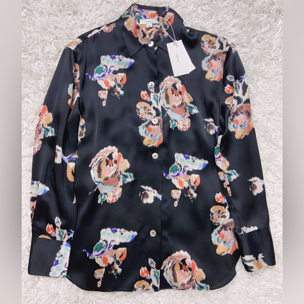 Nwt $345 Vince Ikat Black Floral Print Silk Blouse Top